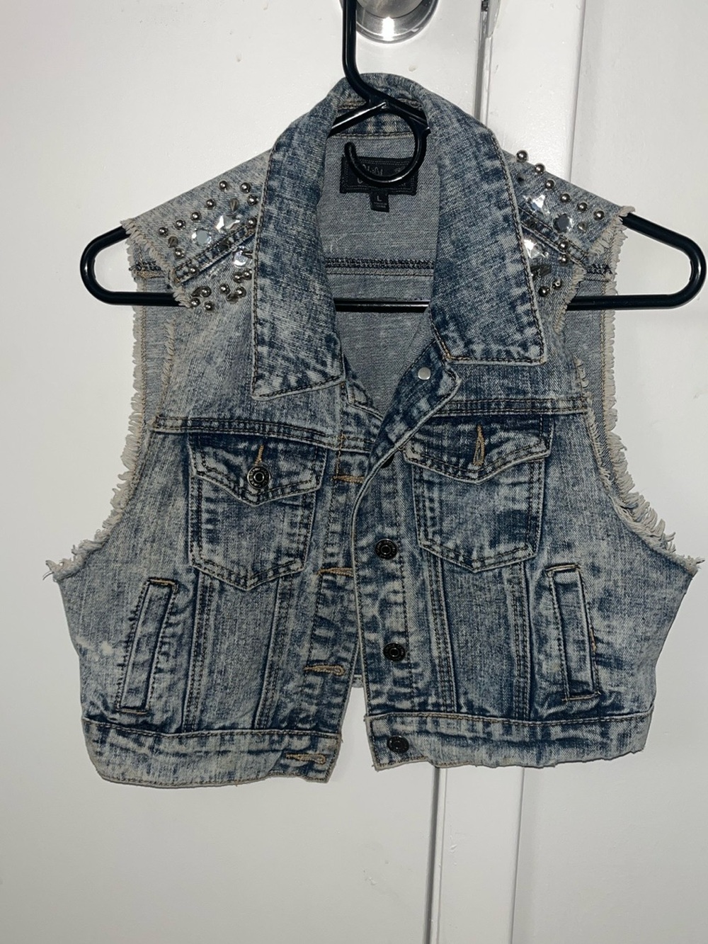 CC Boutique Distressed Light Blue Denim Studded Cropped Vest
